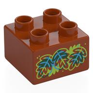 Duplo Brick 2 × 2 with Red, Blue, Lime Leaves, Acorns print Dark Orange