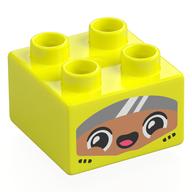Duplo Brick 2 × 2 with Race Driver, Nougat Face, Dark Bluish Grey Visor print Leuchtgelb