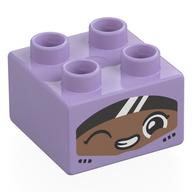 Duplo Brick 2 × 2 with Race Driver, Nougat Face, Black Visor print Lavendel