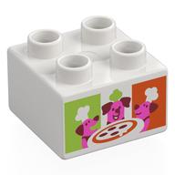 Duplo Brick 2 × 2 with Dark Pink Dogs, Pizza, Lime/Reddish Orange Background print White