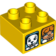 Duplo Brick 2 × 2 with Girl, Cat and Dog Print Gelb
