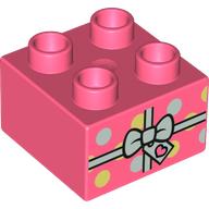Duplo Brick 2 × 2 with Gift, with Ribbon, Bow, and Spots Print Koralle