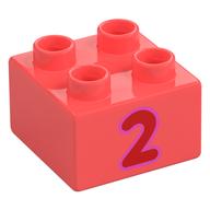 Duplo Stein 2 × 2 mit rot '2' Druck Koralle