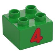 Duplo Stein 2 × 2 mit rot '4' Druck Hellgrün