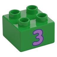 Duplo Brick 2 × 2 with Lavender '3' Print Bright Green