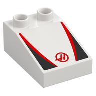 Duplo Brick 3 × 2 Slope 33° with Black and Red Panels, Red 'H' in Circle Print Weiß