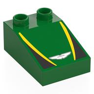 Duplo Brick 3 × 2 Slope 33° with Black and Yellow Panels, Aston Martin Winged Logo print Green