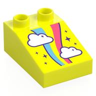 Duplo Brick 3 × 2 Slope 33° with White Clouds, Coral/Medium Blue Rainbow, Stars print Vibrant Yellow