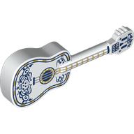 Musical Instrument Guitar Acoustic with Silver Strings, Gold/Dark Blue Decorations Print White