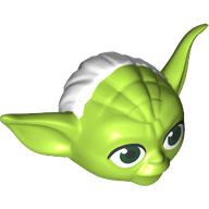 Minifig Head Special, Yoda Curved Ears with Large Eyes, White Hair Print Limette