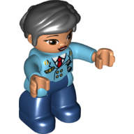 Duplo Figure with Thick Short Hair Combed over Forehead and Bun Black, Pilot, Dark Blue Legs, Medium Azure Top with Red Tie Medium Azure
