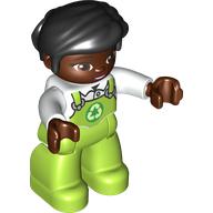 Duplo Figure with Thick Short Hair Combed over Forehead and Bun Black, Reddish Brown Head, Hands, Lime Overall, White Shirt print White