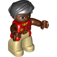 Duplo Figure with Thick Short Hair Combed over Forehead and Bun Black, Red Top - Reddish Brown Face, Arms, and Hands - Tan Legs Rot