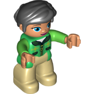 Duplo Figure with Thick Short Hair Combed over Forehead and Bun Black, with Green Jacket with Zipper - Nougat Face and Hands, Oval Eyes - Tan Legs Grün