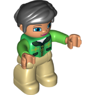 Duplo Figure with Thick Short Hair Combed over Forehead and Bun Black, with Green Top - Tan Legs Green