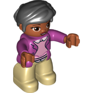 Duplo Figure with Thick Short Hair Combed over Forehead and Bun Black, with Magenta Jacket over Pink Blouse Print - Medium Nougat Face and Hands - Tan Legs Magenta