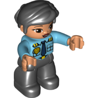 Duplo Figure with Thick Short Hair Combed over Forehead and Bun Black, Black Legs, Medium Azure Top with Dark Blue Tie and Gold Police Badge Print Mittelazur