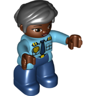 Duplo Figure with Thick Short Hair Combed over Forehead and Bun Black, with Dark Blue Legs, Shirt with Gold Police Badge and Dark Blue Tie Print Medium Azure
