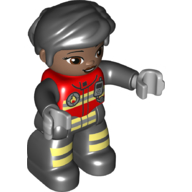 Duplo Figure with Thick Short Hair Combed over Forehead Black, Black Legs, Jacket with Bright Light Yellow Safety Stripes, Fire Badge, and Radio Print (Firefighter) Red