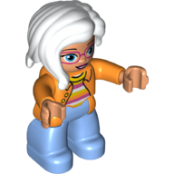 Duplo Figure with Long Hair Section in Front, with Orange Jacket over Striped Top Print, and Medium Blue Legs Orange