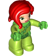Duplo Figure with Long Hair Section in Front, Lime Legs, Bright Green Hands, Green Leaves Print (Poison Ivy) Bright Green