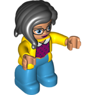 Duplo Figure with Long Hair Section in Front, with Blue Eyes with Glasses, Dark Azure Legs, Magenta Sweater with White Collar Print Yellow