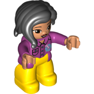 Duplo Figure with Long Hair Section in Front, with Yellow Legs, Shirt with Pocket and Buttons Print Magenta