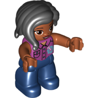 Duplo Figure with Long Hair Section in Front Black, with Brown Eyes, Dark Blue Legs, Magenta Shirt with Pockets, Buttons, and Collar with Blue Flower Print Magenta