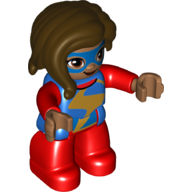 Duplo Figure with Long Hair Section in Front Dark Brown, Red Legs, Gold Lightning Stripe Print (Ms Marvel) Blau
