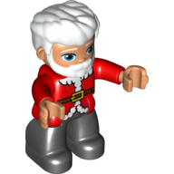 Duplo Figure with Thick Hair Combed Forward and Beard White, Red Jacket with White Trim and Belt with Buckle Print, Black Legs (Santa) Rot