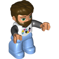 Duplo Figure with Thick Hair Combed Forward and Beard Dark Brown, Medium Blue Legs, Black Arms, Multi-colored Triangles on Shirt Print Weiß