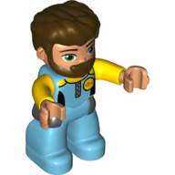 Duplo Figure with Thick Hair Combed Forward and Beard Dark Brown, Medium Azure Legs, Yellow Arms, Wet Suit Print Medium Azure