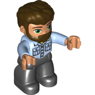 Duplo Figure with Thick Hair Combed Forward and Beard Dark Brown, Black Legs, Shirt with Pockets Print Bright Light Blue