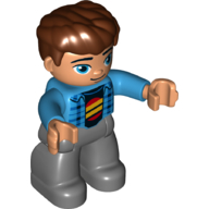 Duplo Figure with Thick Hair Combed Forward Reddish Brown, with Jacket, Dark Blue Plaid Shirt, Yellow Lines on Red Circle Dark Azure