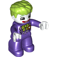 Duplo Figure with Thick Hair Combed Forward, Purple Legs and Arms, White Hands, with White Clown Face and Lime Bow on Chest Print (Joker) Dunkellila