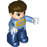 Duplo Figure with Thick Hair Combed Forward, with Gold Details on Shirt, Dark Blue Legs, White Hands (Prince) Leuchtendes Hellblau