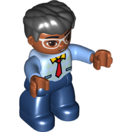 Duplo Figure with Thick Hair Combed Forward, with Red Tie Print, White Eyeglasses, Medium Nougat Face and Hands, and Dark Blue Legs Leuchtendes Hellblau