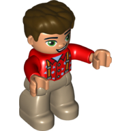 Duplo Figure with Thick Hair Combed Forward, with Suspenders and Buttons Print, Dark Tan Legs Rot