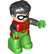 Duplo Figure with Thick Hair Combed Forward, with Bright Green Legs and Hand, Black Arms, and Robin Logo Print Rot