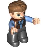 Duplo Figure with Thick Hair Combed Forward, with Black Legs, Medium Blue Shirt under Vest (Owen Grady) Reddish Brown
