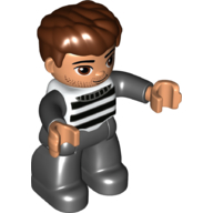 Duplo Figure with Thick Hair Combed Forward, with Black and White Stripes, Prison Shirt Print White