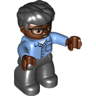 Duplo Figure with Thick Hair Combed Forward Black, with Black Legs, Shirt with Buttons and Pocket Print Medium Blue