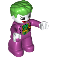 Duplo Figure with Thick Hair Combed Forward, Magenta Legs and Arms, White Hands, with White Clown Face and Green Bow on Chest Print (Joker) Magenta