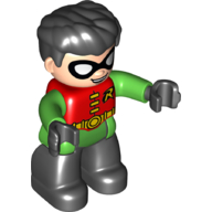 Duplo Figure with Thick Hair Combed Forward, with Black Legs and Hands, Bright Green Arms, and Robin Logo Print Red
