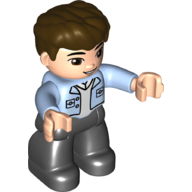 Duplo Figure with Thick Hair Combed Forward Dark Brown, with Black Legs, Open Shirt with Buttons and Pocket Print Bright Light Blue