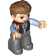Duplo Figure with Thick Hair Combed Forward, with Dark Bluish Gray Legs, Medium Blue Shirt under Vest (Owen Grady) Reddish Brown