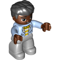 Duplo Figure with Thick Hair Combed Forward Black, Light Bluish Gray Legs, Jacket over Striped Sweater Print Bright Light Blue