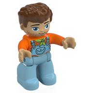 Duplo Figure with Thick Hair Combed Forward Reddish Brown, with Bright Light Blue Overall Orange