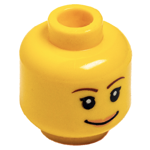 Minifig Head, Brown Thin Eyebrows, White Pupils, Short Eyelashes, Wide Black Smile and Pink Lips Print Yellow