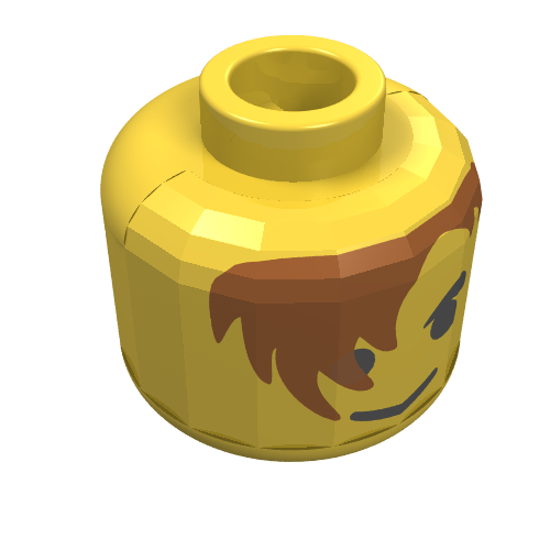 Minifig Head, Brown Hair over Eye, Eyebrows Print Yellow